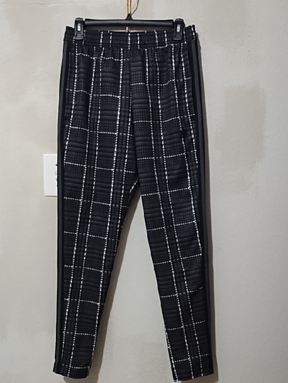 adidas Black Plaid Jogger Pants with Side Stripes